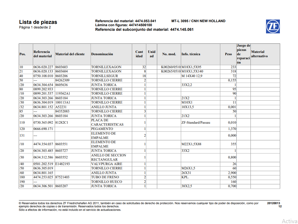 Catalogo de Recambios Eje Delantero ZF MT-L 3095 CNH NEW HOLLAND - 4474.053.041