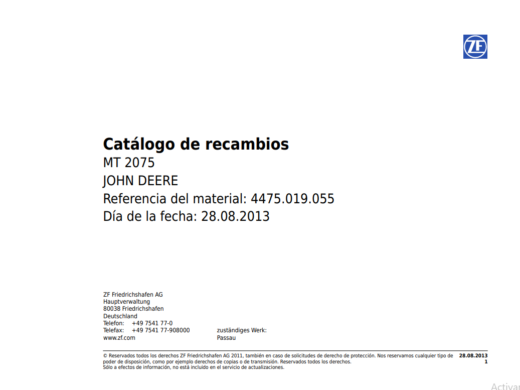 Catalogo de Recambios Eje Delantero ZF MT 2075 JOHN DEERE - 4475.019.055 (2013)