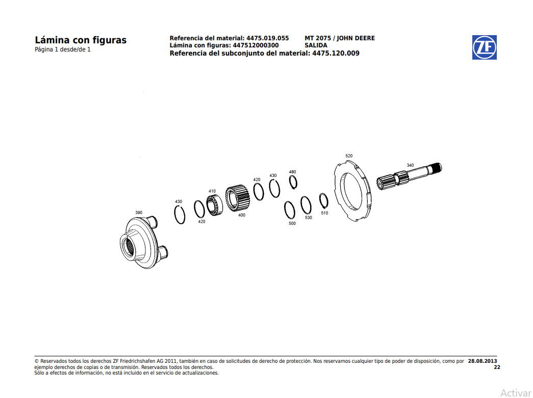 Catalogo de Recambios Eje Delantero ZF MT 2075 JOHN DEERE - 4475.019.055 (2013)