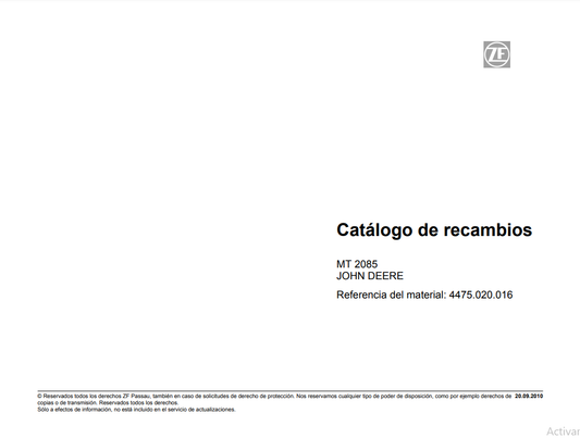 Catalogo de Recambios Eje Delantero ZF MT 2085 JOHN DEERE - 4475.020.016