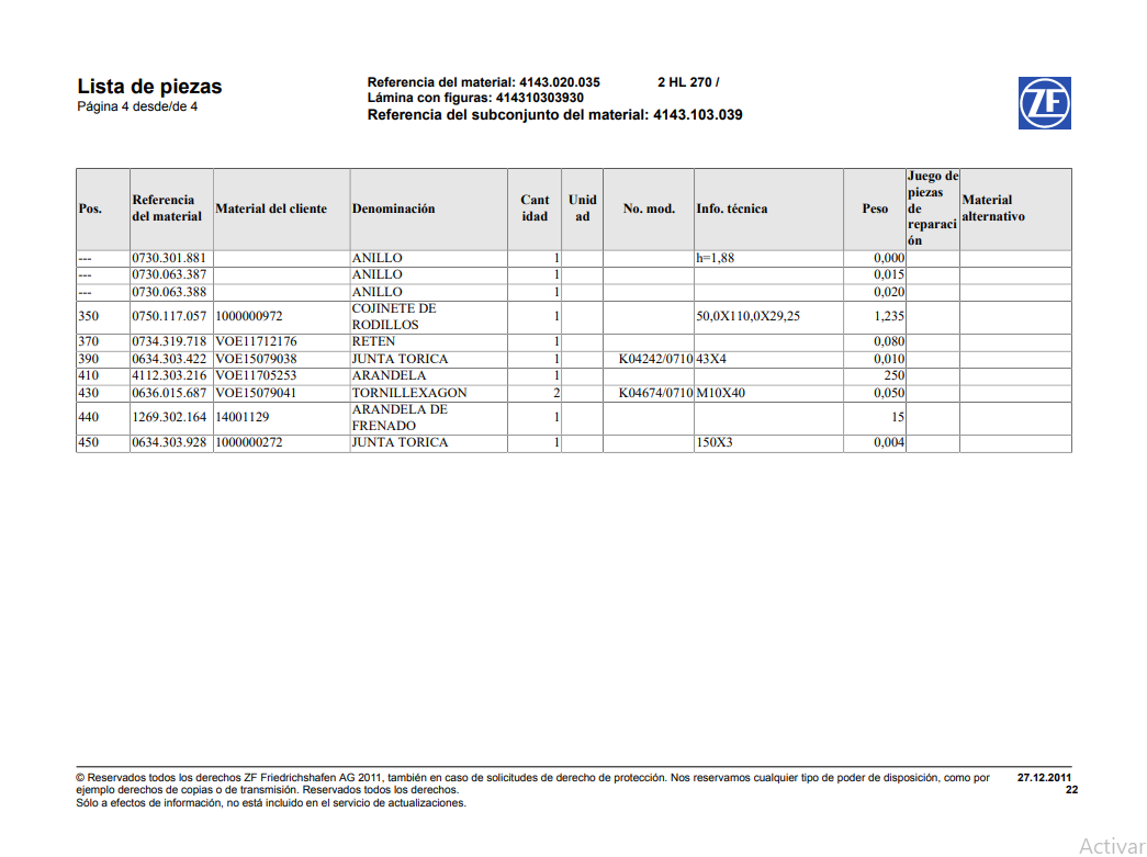 Catalogo de Recambios Eje Trasero ZF 2 HL 270 - 4143.202.035