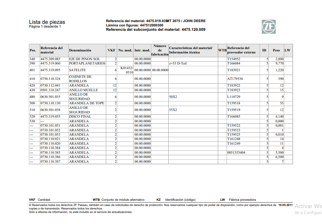 Catalogo de Recambios Eje Trasero ZF MT 2075 JOHN DEERE - 4475.019.039