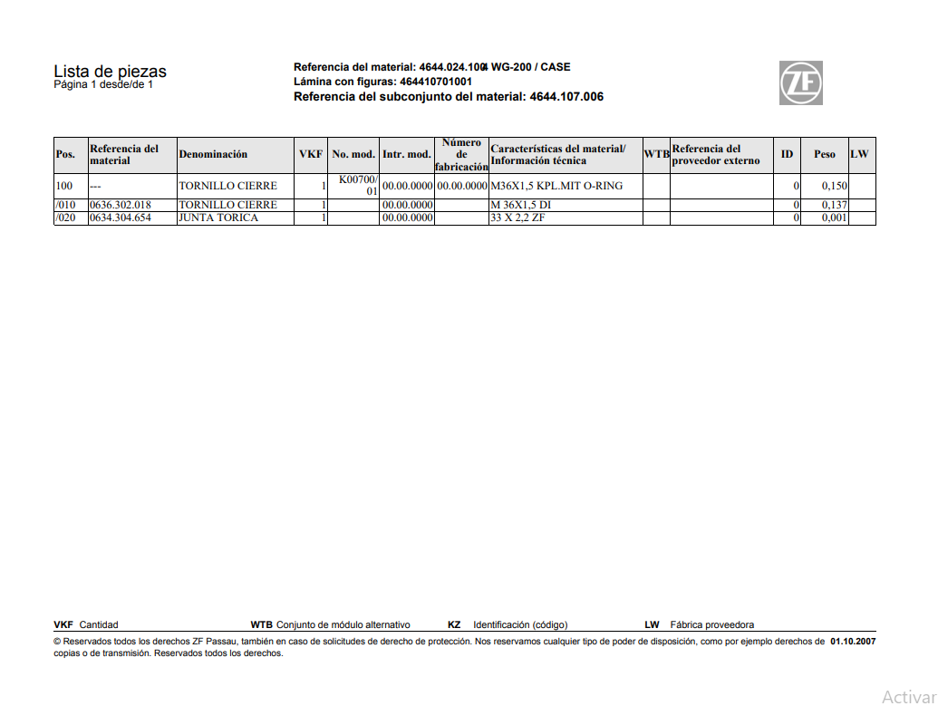 Catalogo de Recambios Servotransmisión ZF 4 WG-200 CASE - 4644.024.100