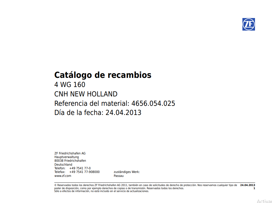 Catalogo de Recambios Servotransmisión ZF 4 WG 160 CNH NEW HOLLAND - 4656.054.025