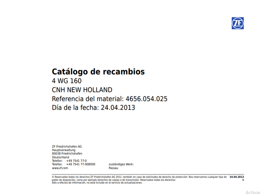 Catalogo de Recambios Servotransmisión ZF 4 WG 160 CNH NEW HOLLAND - 4656.054.025