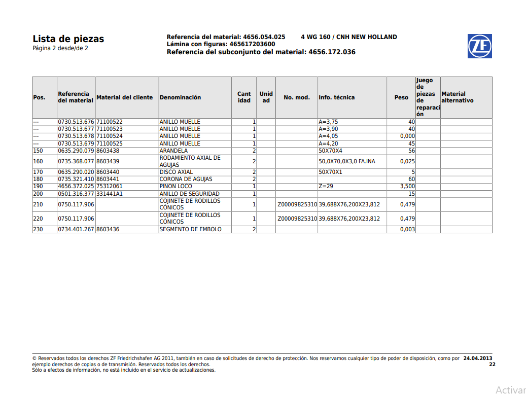 Catalogo de Recambios Servotransmisión ZF 4 WG 160 CNH NEW HOLLAND - 4656.054.025