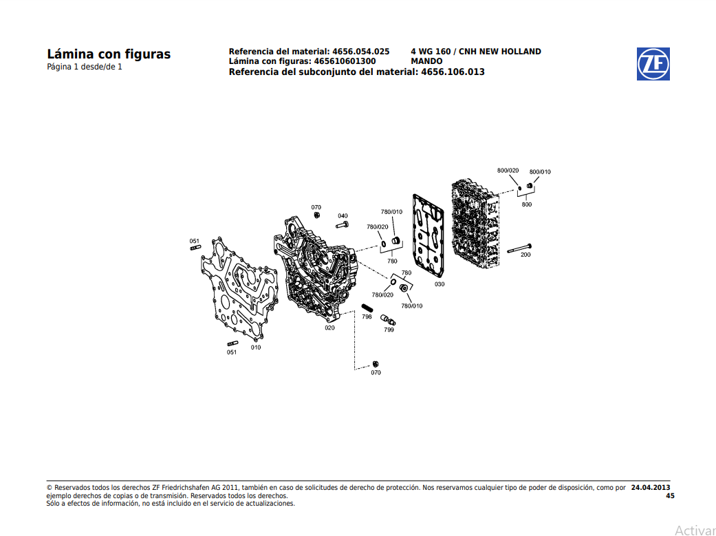 Catalogo de Recambios Servotransmisión ZF 4 WG 160 CNH NEW HOLLAND - 4656.054.025