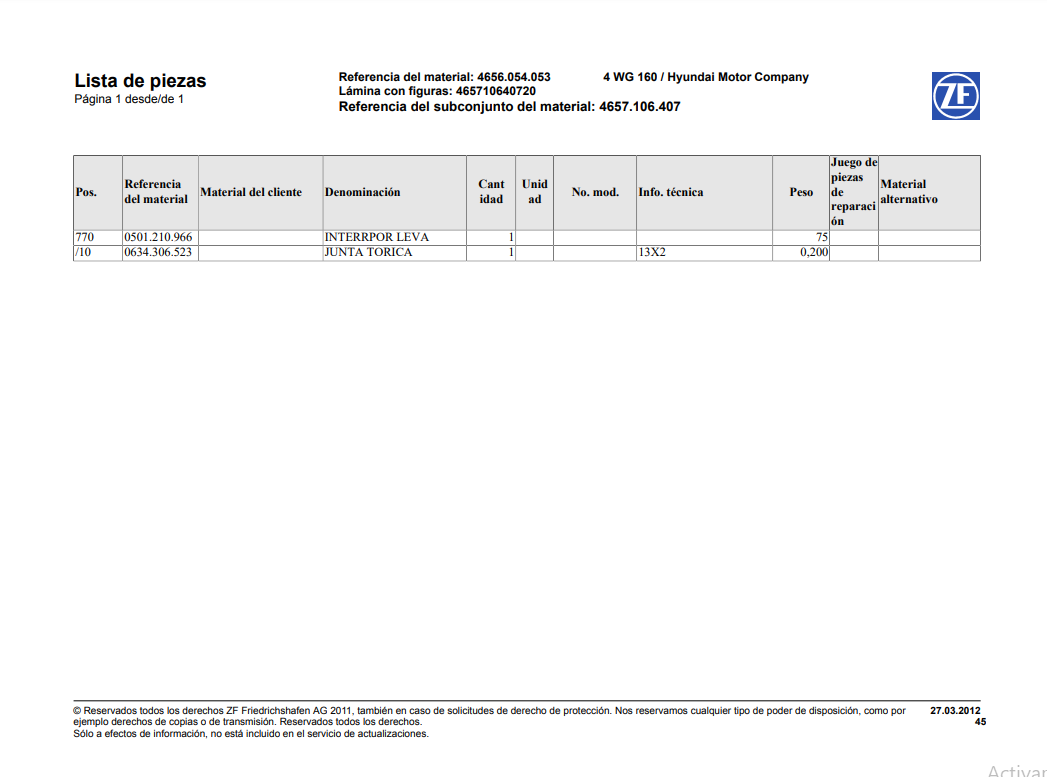 Catalogo de Recambios Servotransmisión ZF 4 WG 160 HYUNDAI - 4656.054.053