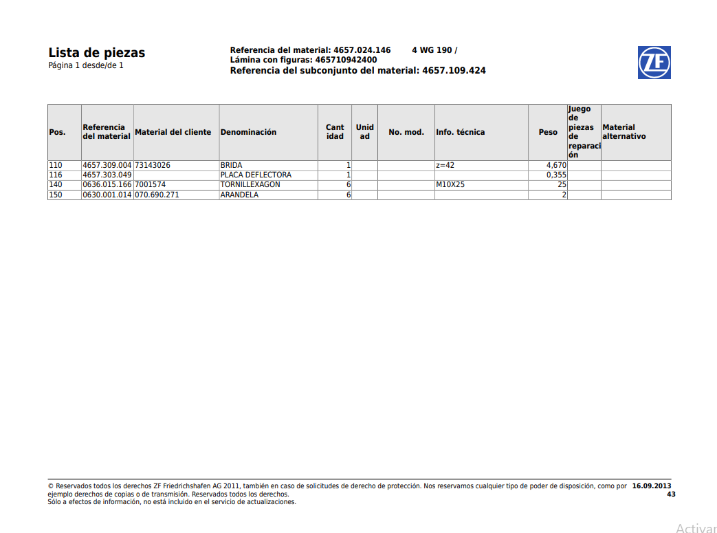 Catalogo de Recambios Servotransmisión ZF 4 WG 190 - 4657.024.146