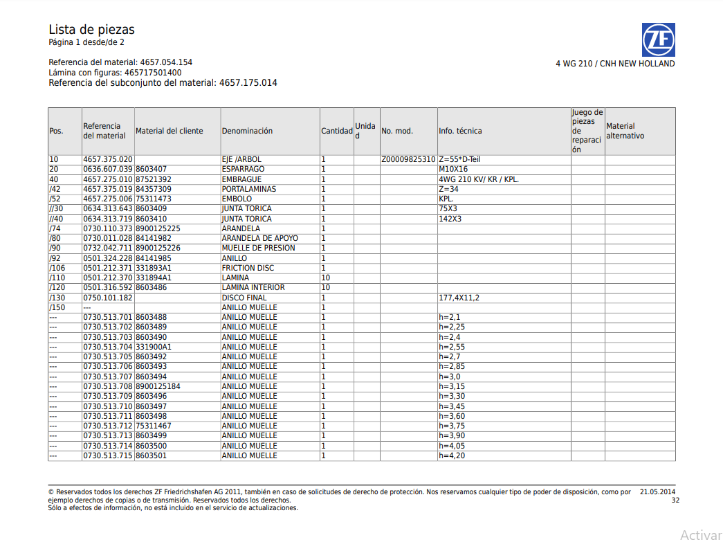 Catalogo de Recambios Servotransmisión ZF 4 WG 210 CNH-NEW HOLLAND - 4657.054.154