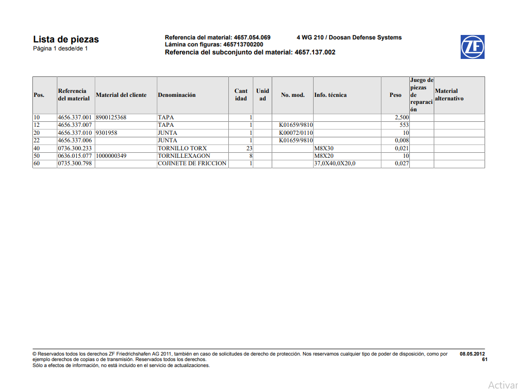 Catalogo de Recambios Servotransmisión ZF 4 WG 210 Doosan - 4657.054.069
