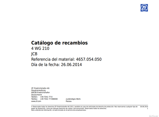 Catalogo de Recambios Servotransmisión ZF 4 WG 210 JCB - 4657.054.050
