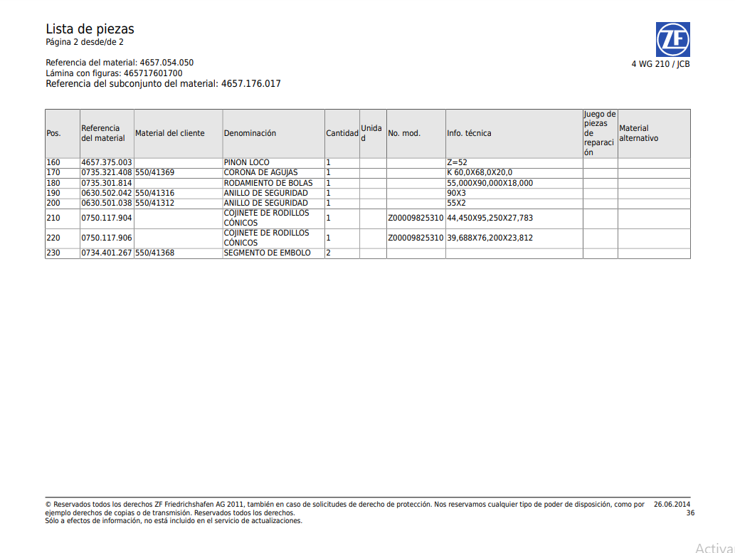 Catalogo de Recambios Servotransmisión ZF 4 WG 210 JCB - 4657.054.050