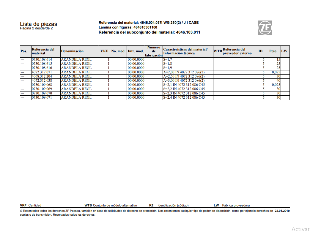 Catalogo de Recambios Servotransmisión ZF 4 WG 250 (2) J I  CASE - 4646.004.037