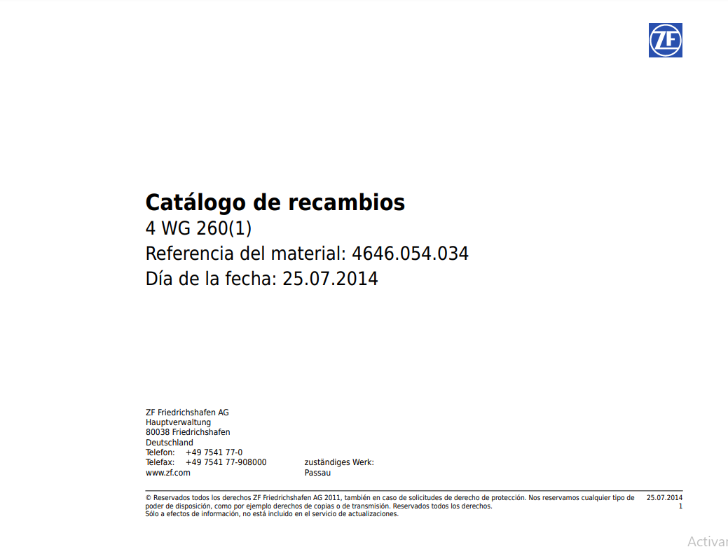 Catalogo de Recambios Servotransmisión ZF 4 WG 260(1) - 4646.054.034