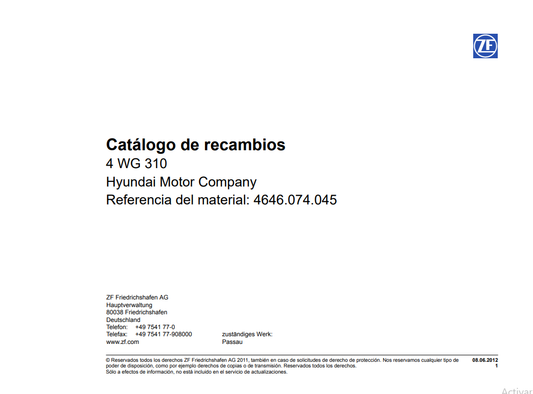 Catalogo de Recambios Servotransmisión ZF 4 WG 310 HYUNDAI - 4646.074.045