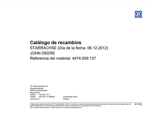 Catalogo de Recambios Servotransmisión ZF STARRACHSE JOHN DEERE - 4474.009.137