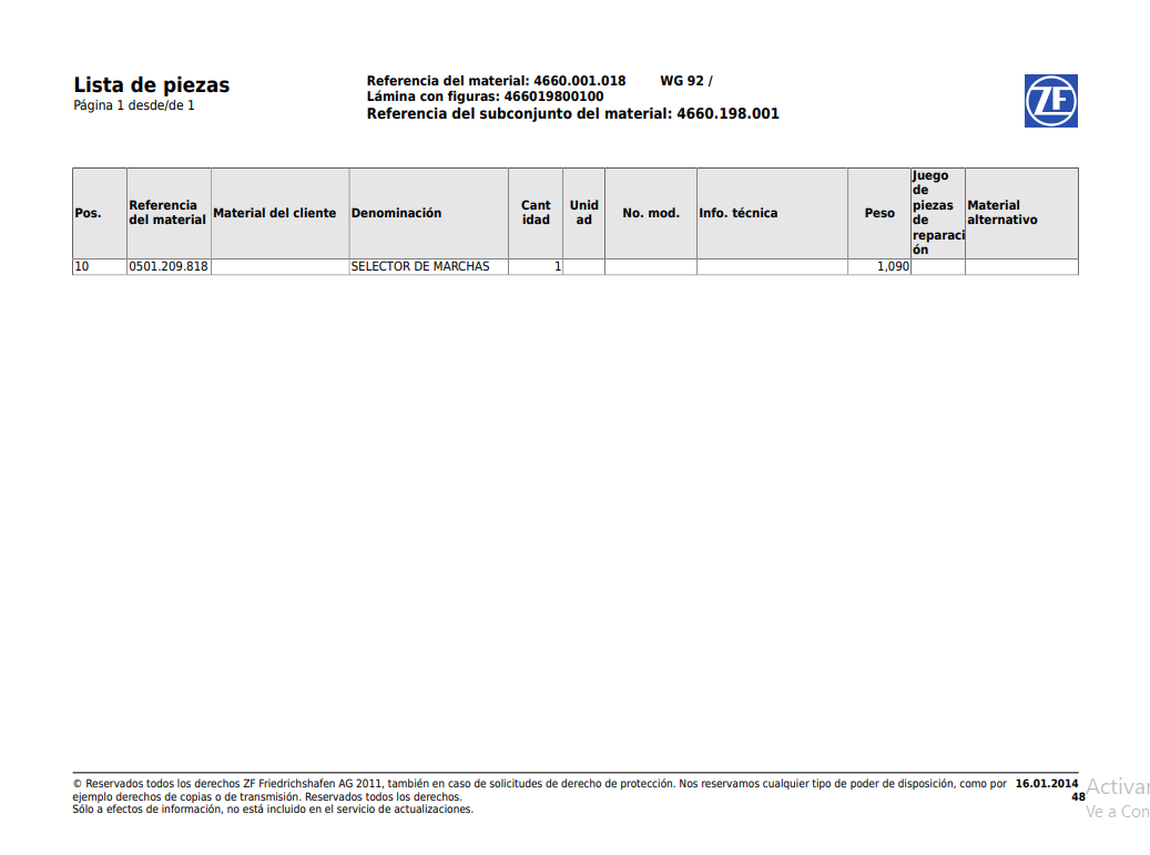 Catalogo de Recambios Servotransmisión ZF WG 92 - 4660.001.018