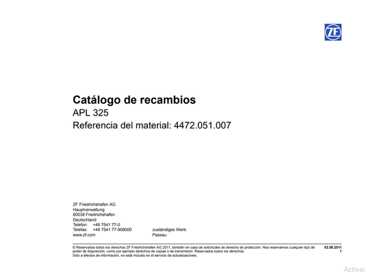 Catalogo de Recambio Transmisión ZF APL 325 - 4472.051.008