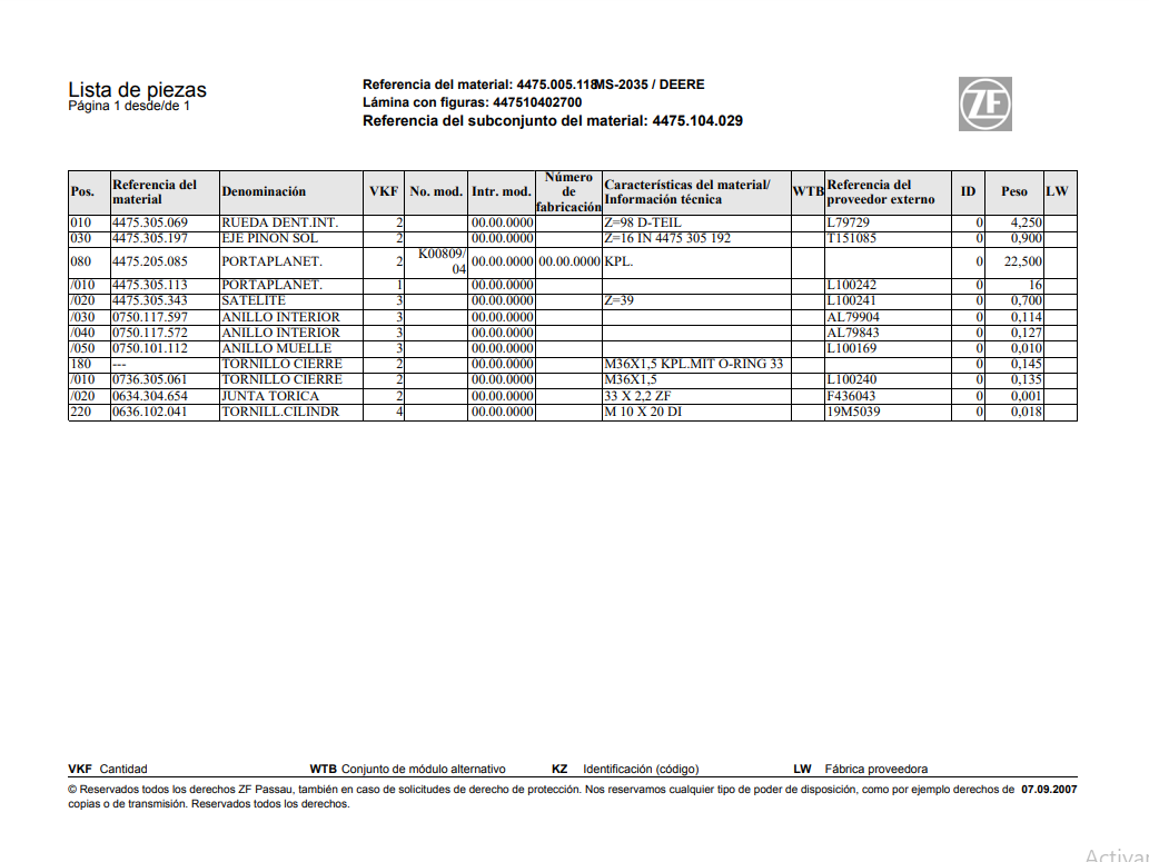 Catalogo de Recambios Transmisión ZF MS 2035 DEERE - 4475.005.118