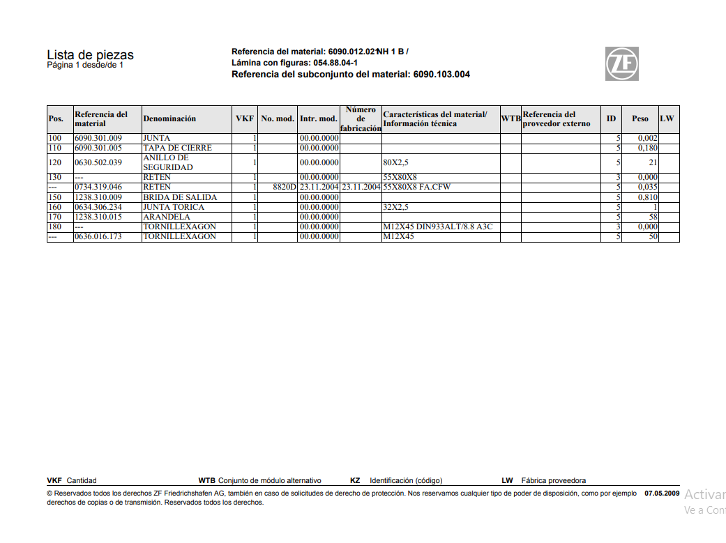 Catalogo de Recambios Transmisión ZF NH 1 B - 6090.012.021