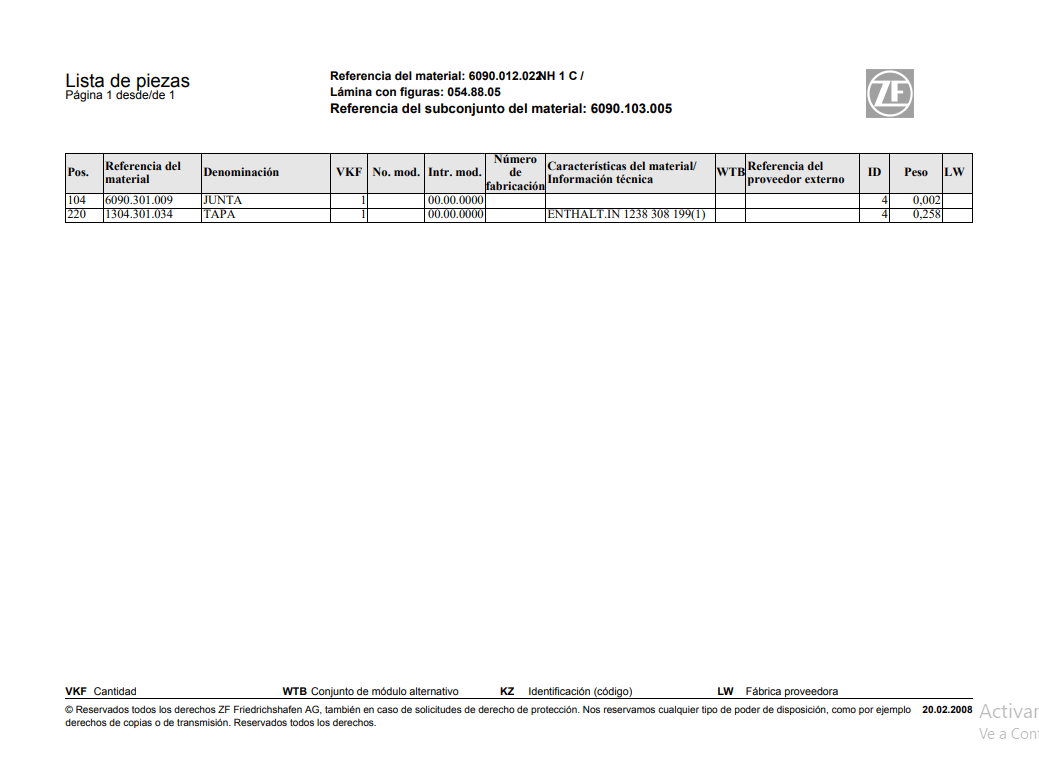 Catalogo de Recambios Transmisión ZF NH 1C - 6090.012.022