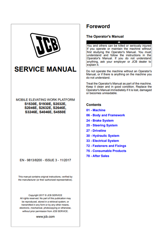 Manual de Reparación Plataforma Elevadora Móvil JCB S1530E, S1930E, S2032E, S2046E, S2632E, S2646E, S3246E, S4046E, S4550E