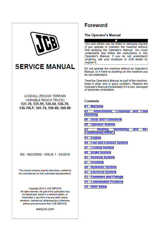Manual de Reparación Telehandler JCB Rough Terrain 531-70, 535-95, 536-60, 536-70, 536-70LP, 541-70, 550-80, 560-80