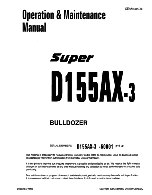 Manual Operación y Mantenimiento Bulldozer Japones Komatsu D155AX-3  S.N 60001-60279