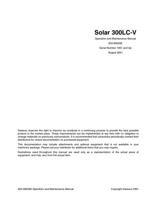 Manual Operación y Mantenimiento Excavadora Daewoo Solar 300LC-V