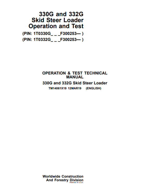 Manual Operación y Prueba Minicargador John Deere 330G - 332G