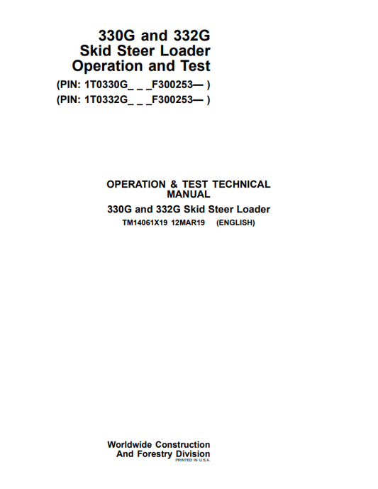 Manual Operación y Prueba Minicargador John Deere 330G - 332G