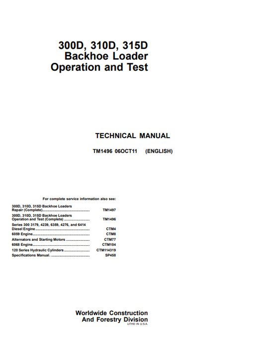 Manual Operación y Prueba Retroexcavadora John Deere 300D , 310D, 315D
