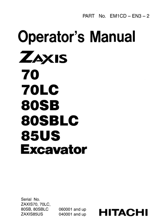 Manual de Operación Excavadora Hitachi 70- 70LC- 80SB- 80SBLC- 85US