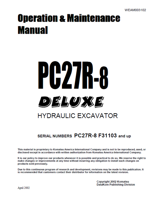 Manual de Operación y Manteniento Excavadora Hidraúlica Komatsu PC27R-8 Deluxe - F31103