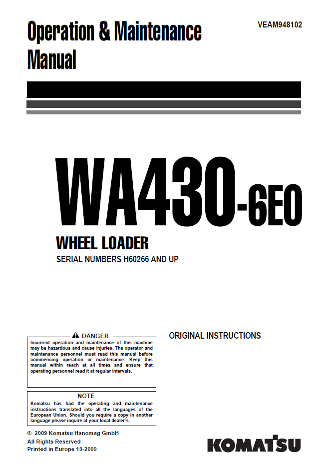 Manual de Operación y Manteniento Cagador Komatsu WA430-6E0 - H60266