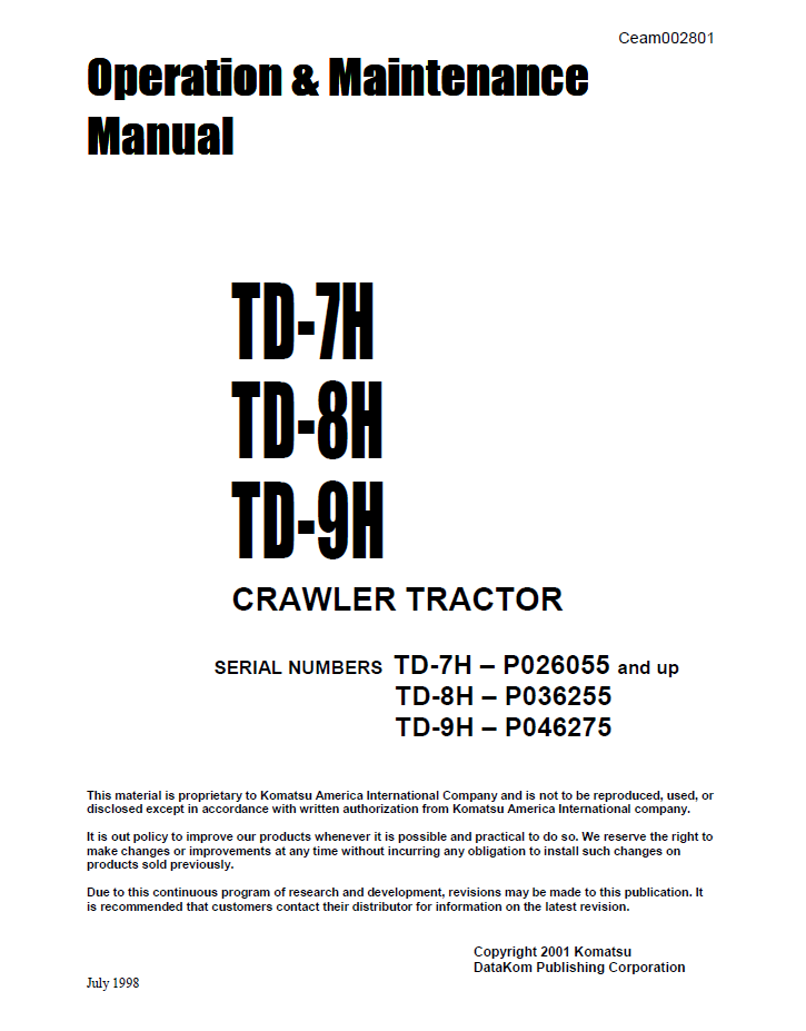 Manual de Operación y Mantenimiento Bulldozer Komatsu TD-7H, TD-8H, TD-9H
