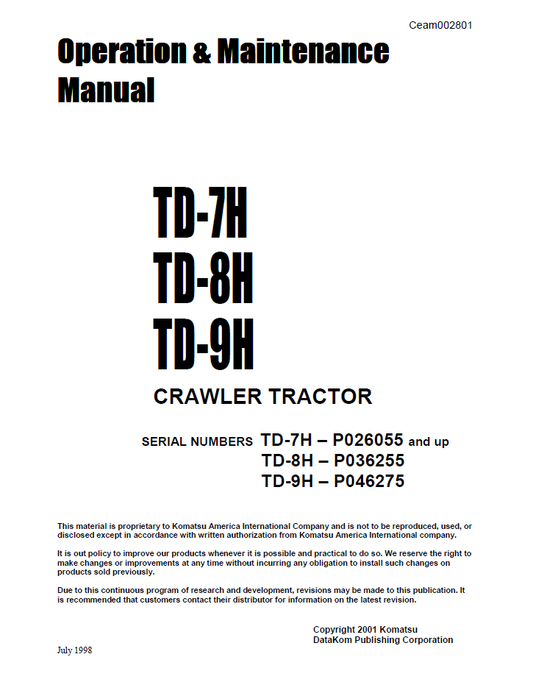 Manual de Operación y Mantenimiento Bulldozer Komatsu TD-7H, TD-8H, TD-9H