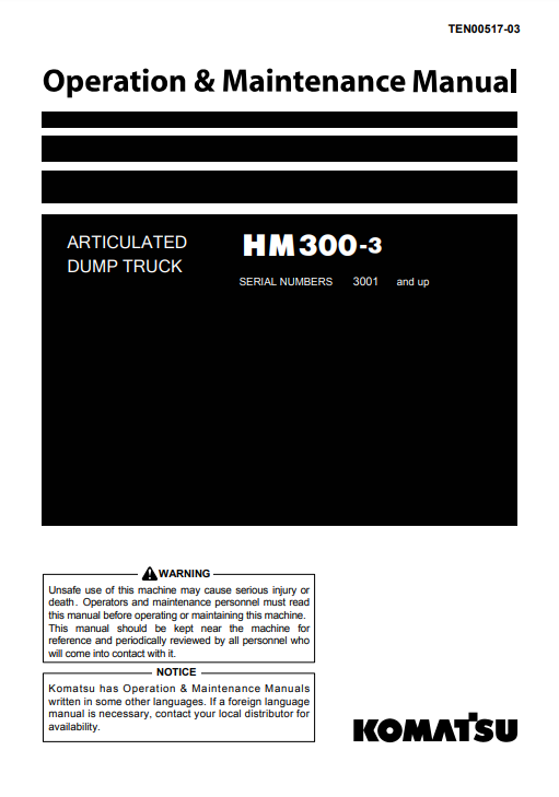Manual de Operación y Mantenimiento Camión Japones Komatsu HM300-3  S.N 3001-UP
