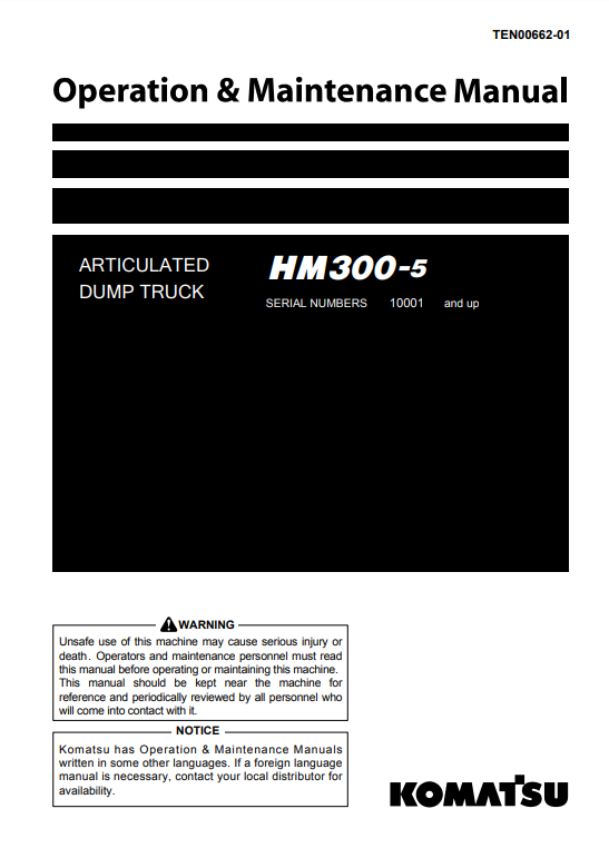 Manual de Operación y Mantenimiento Camión Japones Komatsu HM300-5  S.N 10001-10191