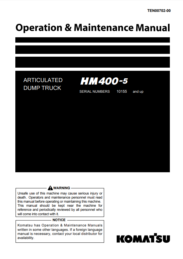 Manual de Operación y Mantenimiento Camión Japones Komatsu HM400-5  S.N 10155-UP