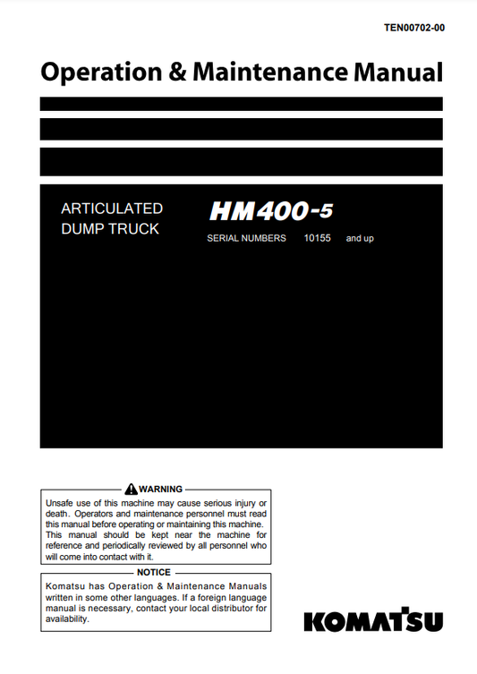 Manual de Operación y Mantenimiento Camión Japones Komatsu HM400-5  S.N 10155-UP