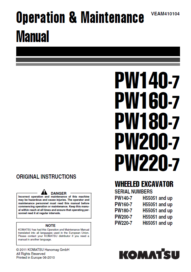 Manual de Operación y Mantenimiento Cargador Komatsu PW140-7, PW160-7, PW180-7, PW200-7 - H55051, PW220-7 - H65051