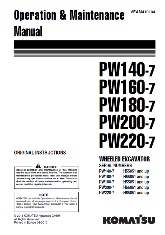 Manual de Operación y Mantenimiento Cargador Komatsu PW140-7, PW160-7, PW180-7, PW200-7 - H55051, PW220-7 - H65051