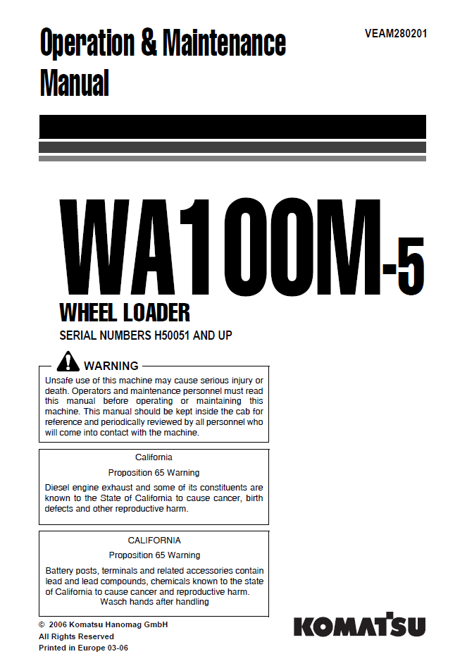 Manual de Operación y Mantenimiento Cargador Komatsu WA100M-5 - H50051