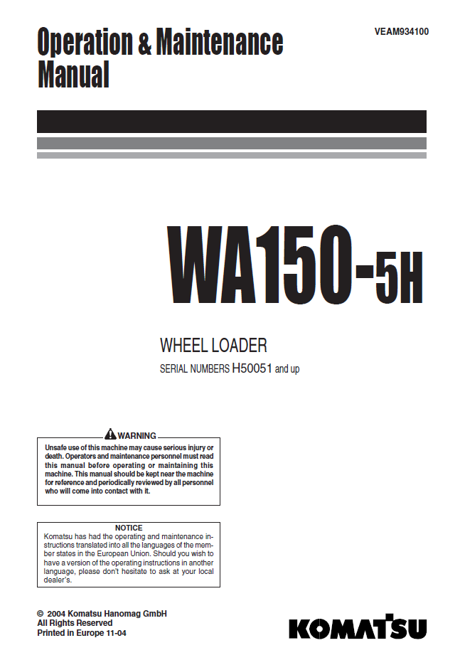 Manual de Operación y Mantenimiento Cargador Komatsu WA150-5H - H50051