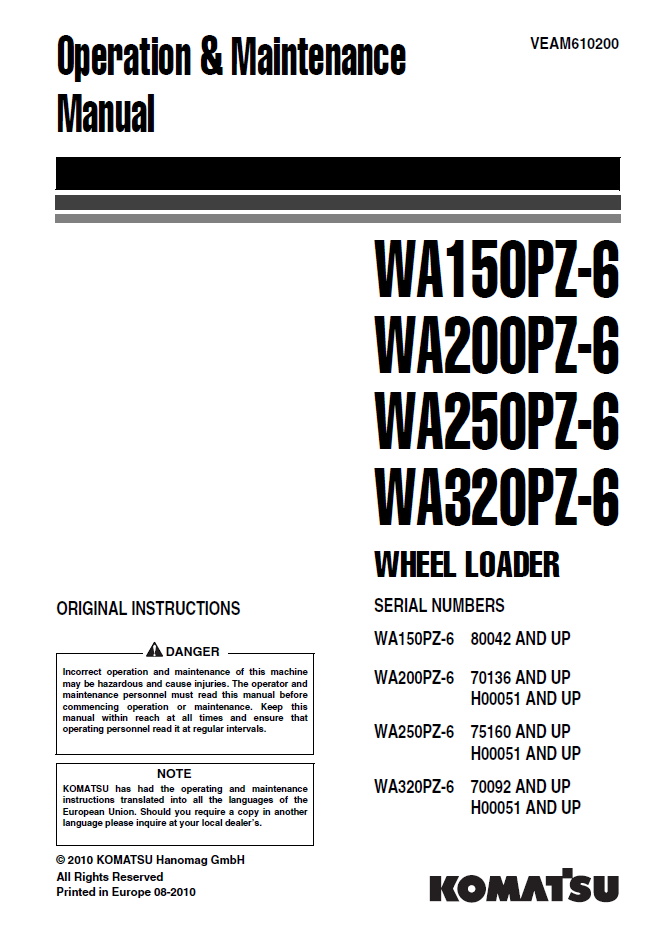Manual de Operación y Mantenimiento Cargador Komatsu WA150PZ-6 - 80042, WA200PZ-6 - 70136 H00051, WA250PZ-6 - 75160 H 00051, WA320PZ-6 - 70092 H00051