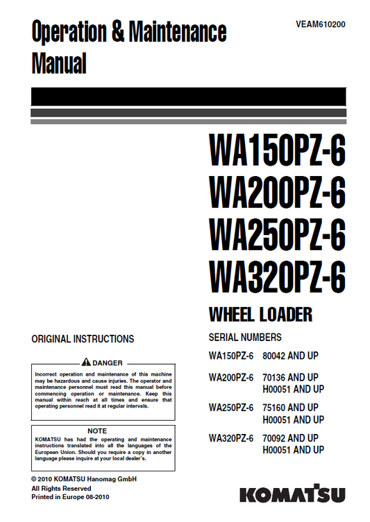 Manual de Operación y Mantenimiento Cargador Komatsu WA150PZ-6 - 80042, WA200PZ-6 - 70136 H00051, WA250PZ-6 - 75160 H 00051, WA320PZ-6 - 70092 H00051