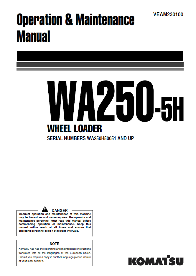 Manual de Operación y Mantenimiento Cargador Komatsu WA250-5H - WA250H50051