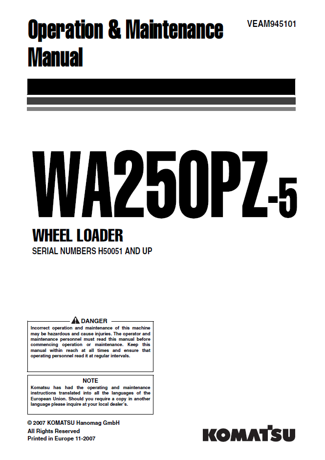 Manual de Operación y Mantenimiento Cargador Komatsu WA250PZ-5 - H50051